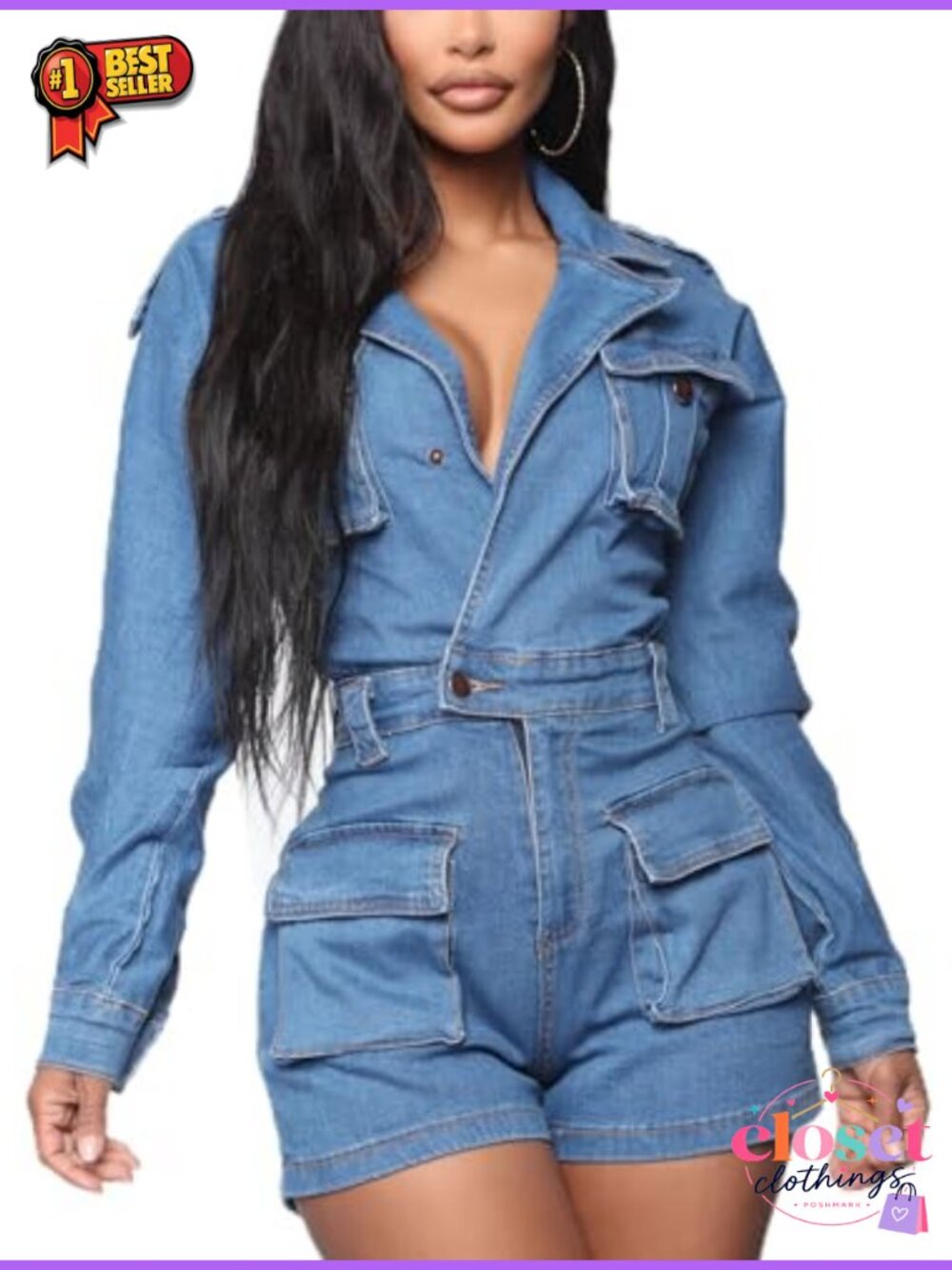Women's Casual Denim Romper Short Sleeve Button Down Onesie with Pockets